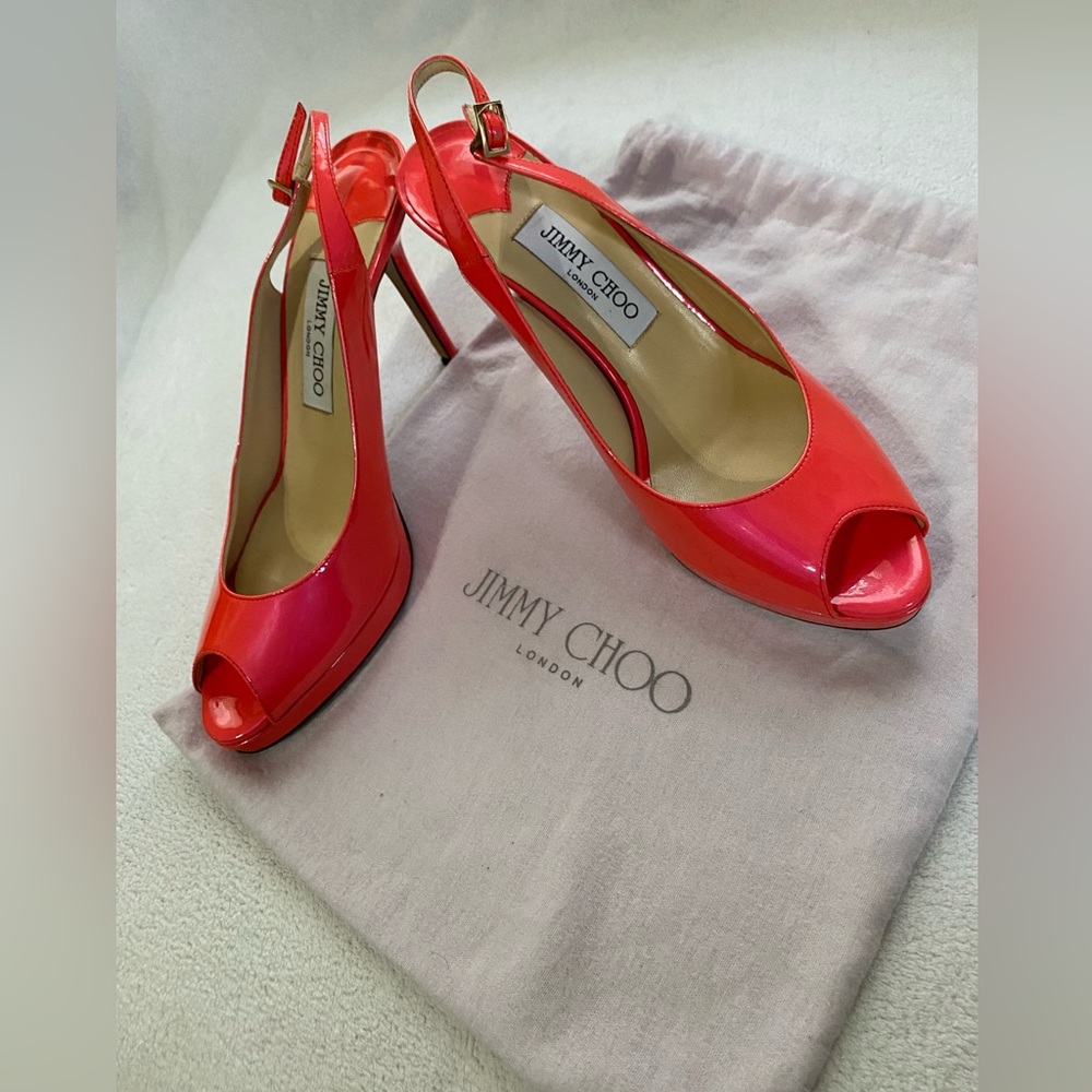 Jimmy Choo Nova slingback stiletto peep toe heels iridescent coral pink 38.5